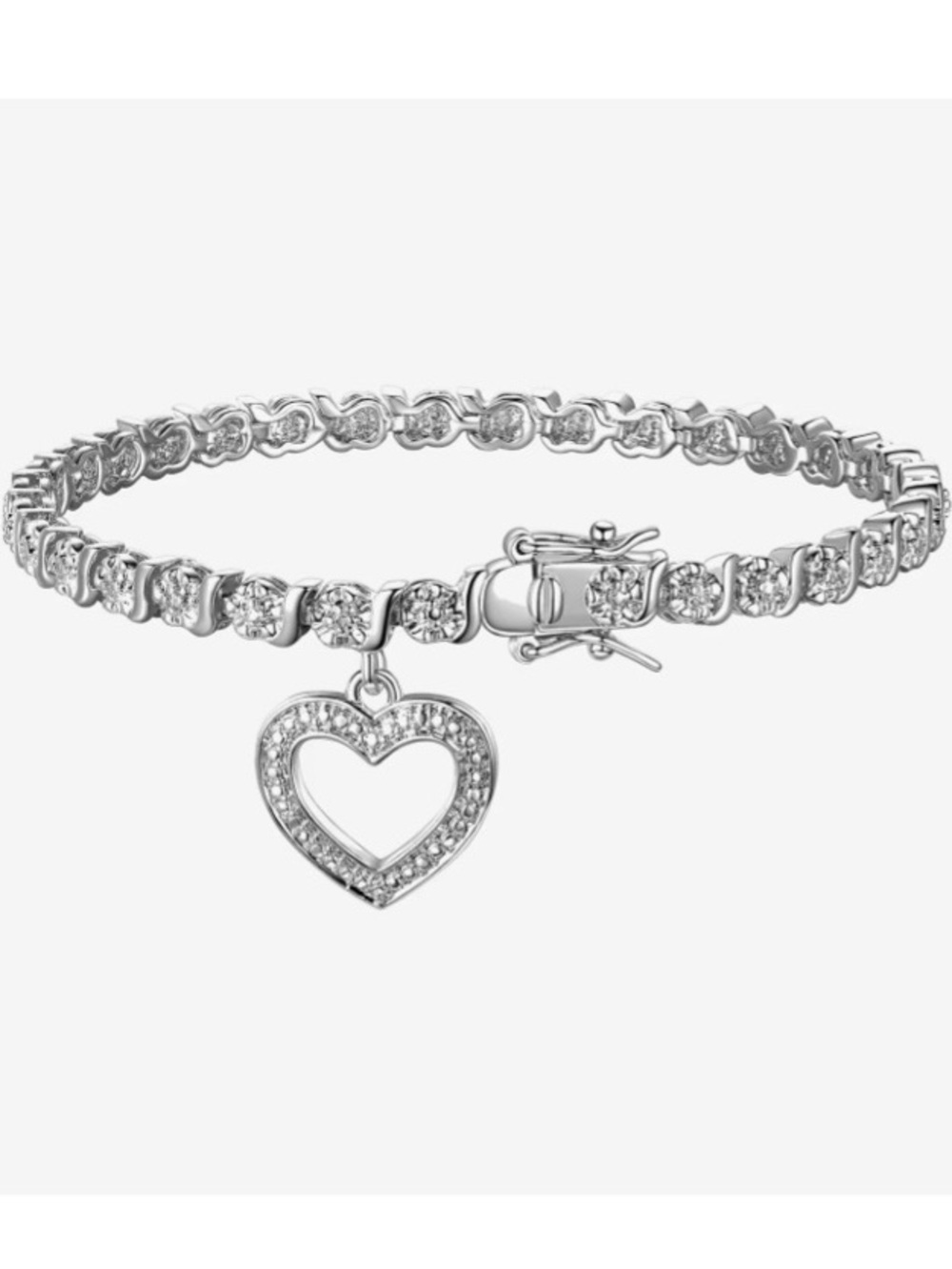 Silver Diamond Heart Charm Tennis Bracelet - Women Jewelry